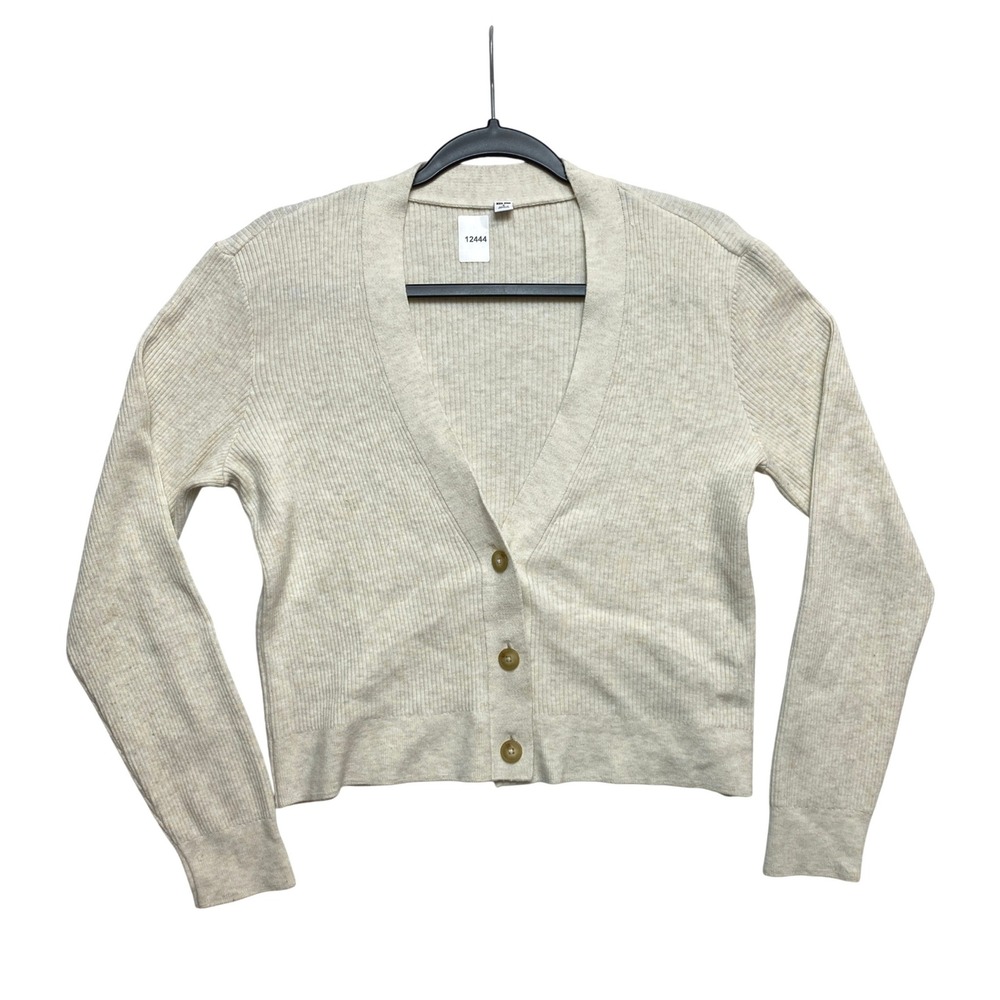 Uniqlo Cardigan Womens S Cream Ribbed Short V-Neck Button-Down 461321